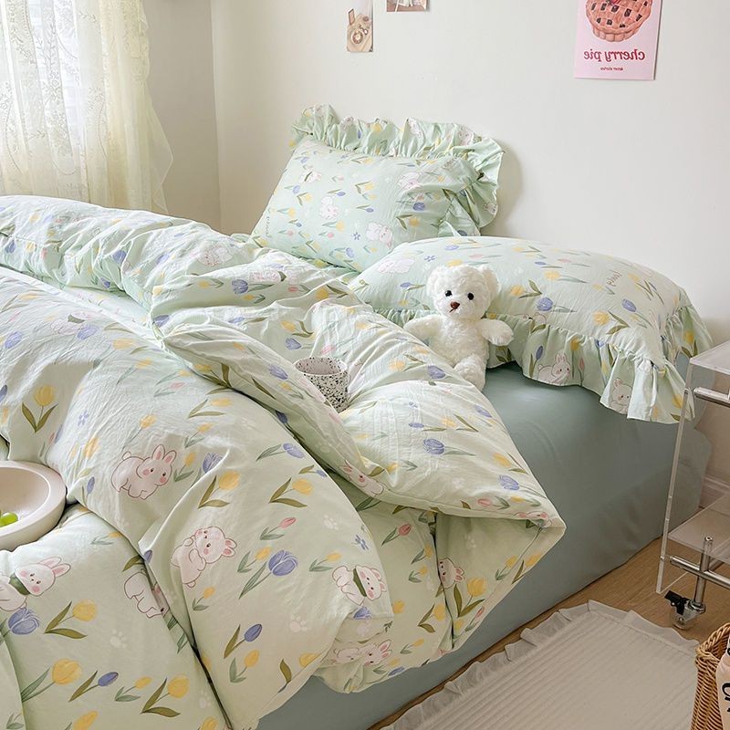 Sonicelife Ins Korean Style Duvet Cover Set with Flat Sheet Pillowcase No filler Washed Cotton Queen Full Twin Cute Floral Bedding Set