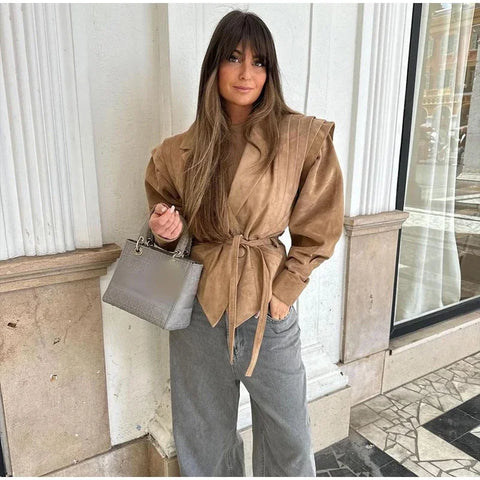 christmas outfit Sonicelife Women High Street Leather Jacket 2025 Autumn Winter Versatile Brown Long Sleeves V-neck Lace-up Coats Causal Chic Female Outwear