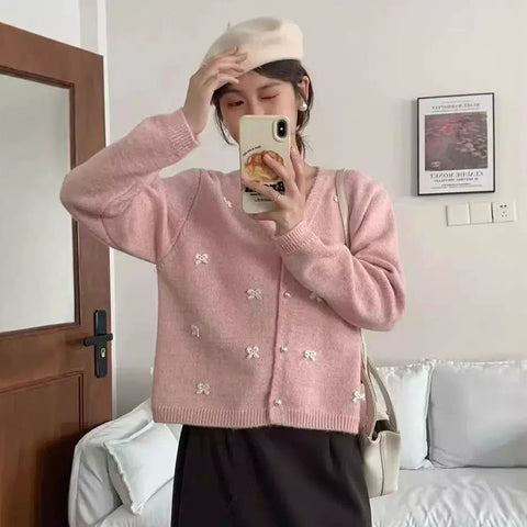 Sonicelife Bow Sweet Women Cardigan Sweaters Japan V Neck Elegant Knitted Coat Fashion Long Sleeve Loose Casual Cute Fall Female Tops