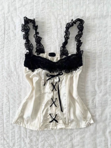 Sonicelife 2025 Summer Clothes Y2k Sexy Crop Top Corset Coquette Bow Lace Sling White Tube Tank Tops Kawaii Cute Japanese Women Camis Tanks