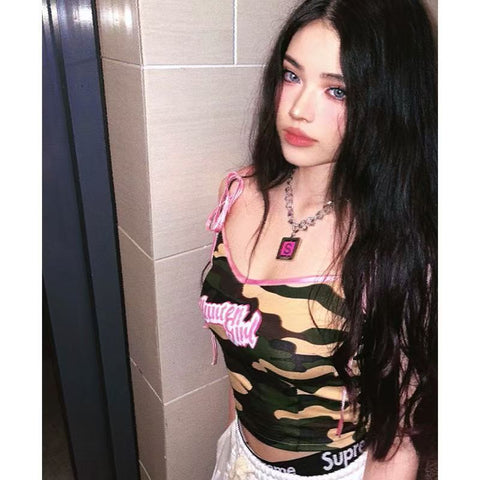 Sonicelife Aesthetic Camis Kawaii Cute Women Clothing Sweet Girl Slim Short Camouflage Tank Tops Bandage Punk Femme Tees Y2k Crop Top Emo