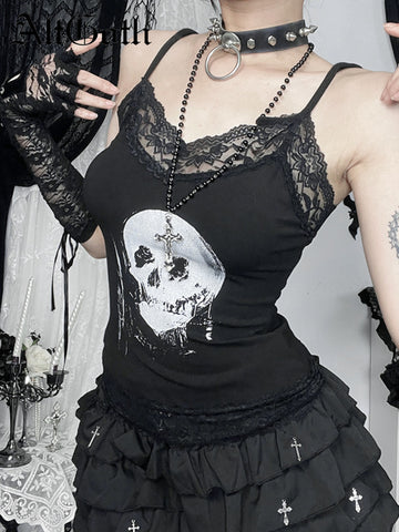Sonicelife Mall Gothic Skull Printed Camisole Women Vintage Streetwear Y2k E-girl Harajuku Cyber Punk Lace Patchwork Crop Tank Tops