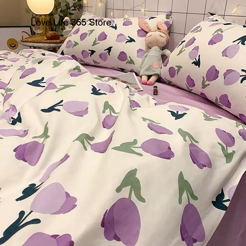 Sonicelife Purple Tulip Bedding Set INS Bed Linens Duvet Cover 150x200 Double Queen King Quilt Cover Soft Polyester Bedclothes Flat Sheets