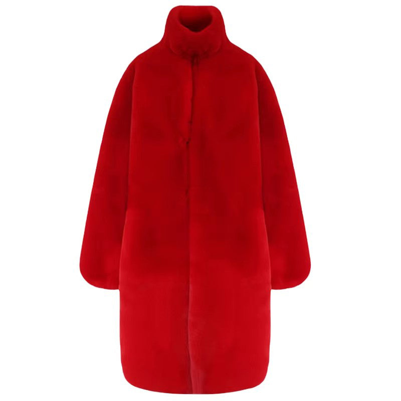 christmas outfit Sonicelife Winter Long Oversized Red Thick Warm Soft Fluffy Faux Rex Rabbit Fur Coat Women Loose Casual Korean Fashion 2025