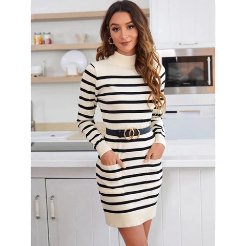 Sonicelife Striped Knitted Dress Casual Slim Long Sleeve Dress Ladies Basic Sweater Dress Autumn Winter Korean Pocket Vestido