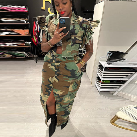 Sonicelife Women 2 Piece Camouflage Shirts Skirts Sets Single breasted Ruffles Crop Shirts Camo Cargo Pocket Long Skirts Two Piece Outfits