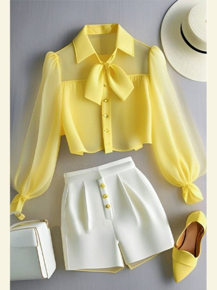 Sonicelife Chiffon Yellow Lapel Neck Perspective Top OL Shirt White Casual Pants Sets 2 Piece Womens Outfits Spring Summer Suit Blouse