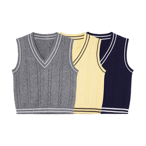 Sonicelife Women Autumn Preppy Style Knitted Vest Striped Vintage Sleeveless Sweater Winter Worn Outside Loose V Neck Jumpers Waistcoat