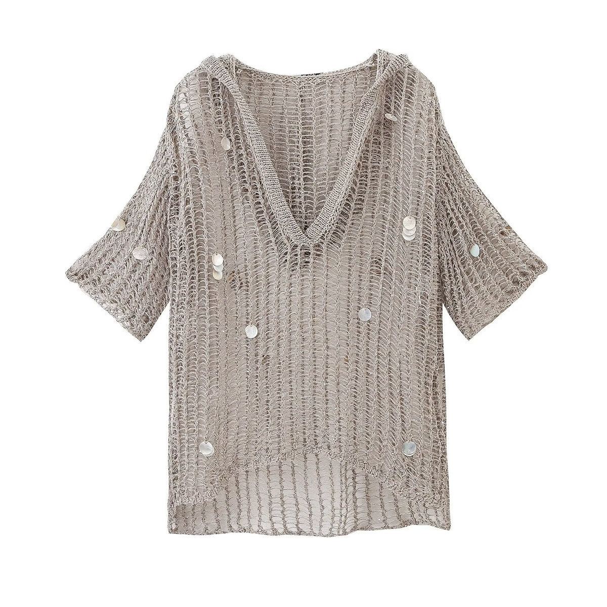 Sonicelife Women's Hooded Top with Metal Wire Knitted Bead Hollow Out Fashionable Sexy Casual, Versatile Short Sleeved Hoodie New