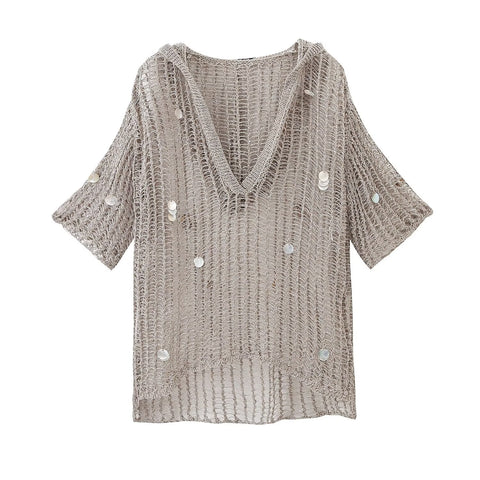 Sonicelife Women's Hooded Top with Metal Wire Knitted Bead Hollow Out Fashionable Sexy Casual, Versatile Short Sleeved Hoodie New