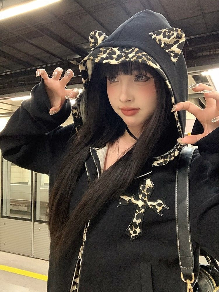 Sonicelife Fake Two Hoodies Coat 2025 Women Clothing Patchwork Leopard Print Hooded Sweatshirts Y2k Tops Streetwear Casual Fashion Hoodie