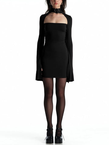 Sonicelife Streetwear Sexy Gothic Dress Women Harajuku Cyber Punk Y2k Metal Buckle Hollow Out Halter Long Sleeve Bodycon Dresses
