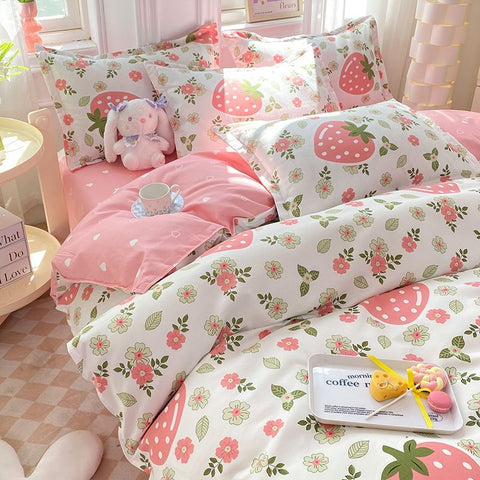 Sonicelife Ins Pink Flowers Bedding Set Flat Bed Sheet Pillowcase Twin Full Queen Size Nordic Bed Linen Women Girls Floral Duvet Cover Set