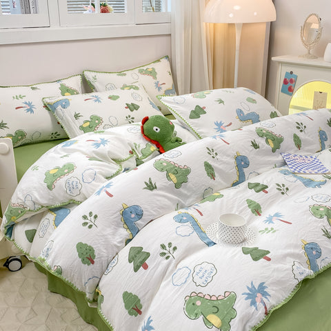 Sonicelife Cartoon Dinosaur Bedding Set Bed Flat sheet Pillowcase Twin Full Queen Princess Style Bed Linen Kids Girls Duvet Cover No Filler