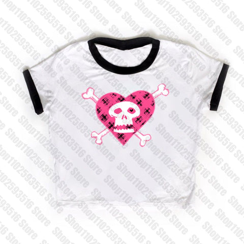 Sonicelife Y2K clothes skull graphic grunge baby tee Crop Top 2000s Streetwear Harajuku Goth Short Sleeve T-shirt Skeleton print clothes