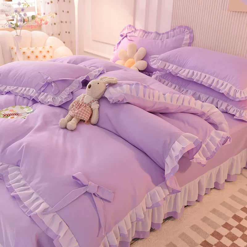 Sonicelife Green Bedding Sets Kawaii Seersucker Bed Sheet Pillowcase Fashion Girl Princess Duvet Cover 4 Pieces Cute Home Decoration