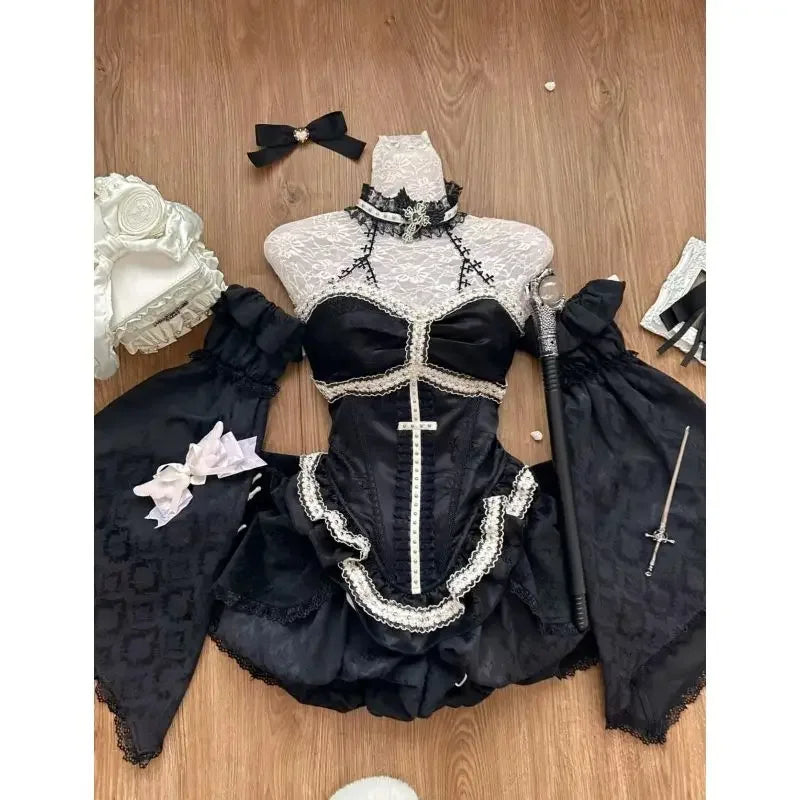 Sonicelife Women Lace Top + Blakc Cake Mini Skirt + Sleeve Cosplay Vintage Clothing Black Gothic Lolita Suits Y2k Halloween 2 Piece Set