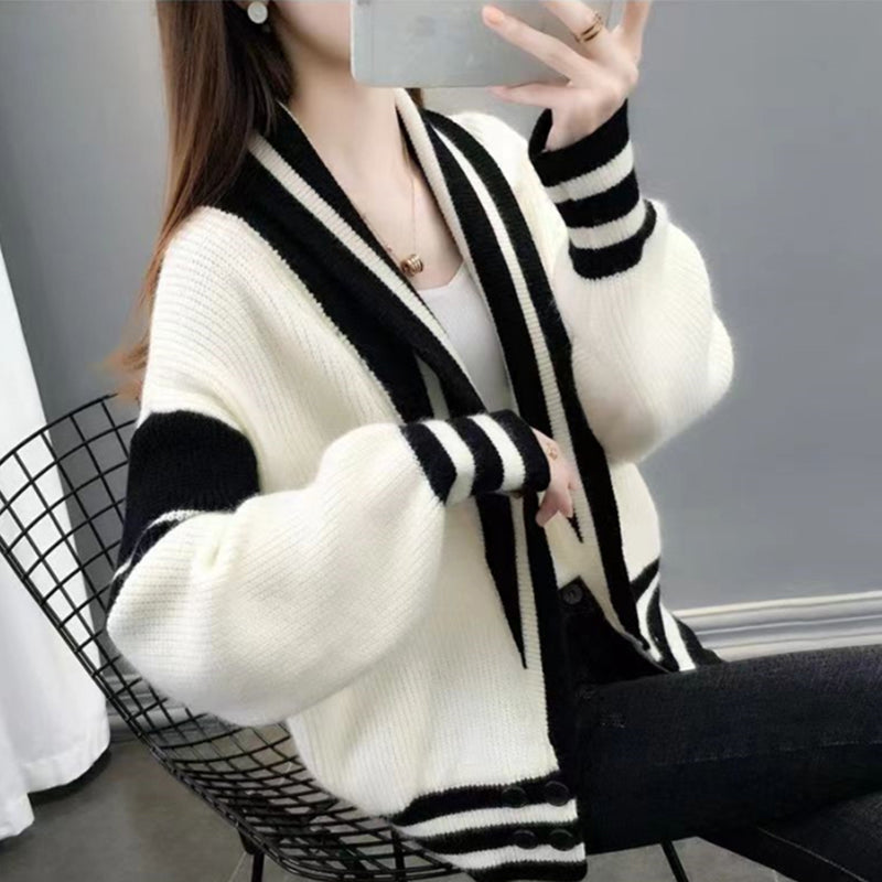 Black Friday Sonicelife Patchwork Sweater Women Knitted Loose Elegant Black White Fashion Cardigan Lazy Strip V-Neck Long Sleevekorean Female Jumpers