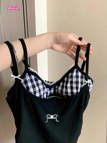 Sonicelife Bow Embroidery White Sweet Women Camis With Plaid Bras Cotton Blend Chic Spicy Girls Y2K Tank Tops Tight Sexy Two Piece Crop Top