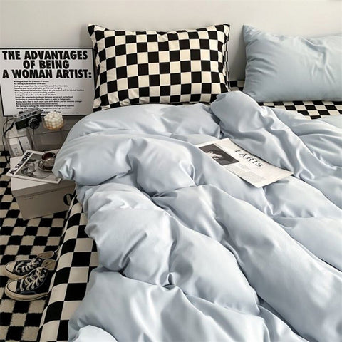 Sonicelife Checkerboard Bedding Sets Solid Color Fashion Single Double Queen Size Duvet Cover Flat Sheet Pillowcases Hotel Home Bed Linen