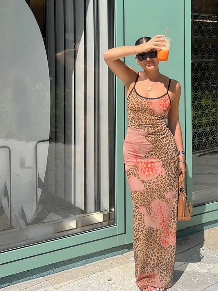 Sonicelife Summer Lady Leopard Print Long Dress Women Elegant Slim Fit U Neck Sleeveless Maxi Dresses New Spring Female Party Robes Gowns