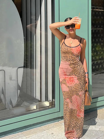 Sonicelife Summer Lady Leopard Print Long Dress Women Elegant Slim Fit U Neck Sleeveless Maxi Dresses New Spring Female Party Robes Gowns