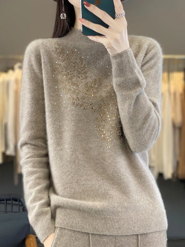 christmas outfit Sonicelife Women Autumn Winter Pure Wool Thickening Sweater Half-high Collar Leaf Studded with Diamonds Pullover Female Knitted Basis Top