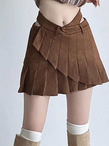 Sonicelife-Mid Rise Plain Pleated Panel Mini A-Line Skirt