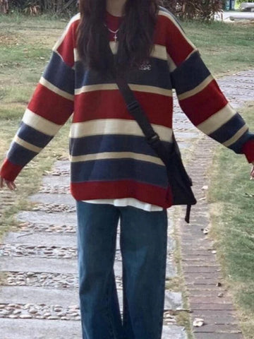 Sonicelife-Contrast Color Stripe Splice Pullover Sweater