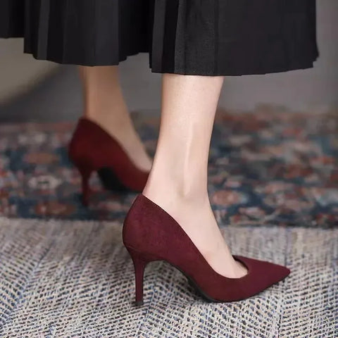 Sonicelife Women High Heel Shoes Sharp Pointed Thin Heel High-heeled Pumps Shoes New Suede Black Red Blue Women's Single Shoes Big Size 42