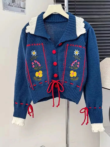 christmas outfit Sonicelife Blue Soft Glutinous Floral Embroidery Roll-neck Sweater Jacket Women's 2025 New Fall-winter Round Neck Knitted Cardigan Top