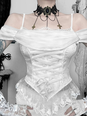 Sonicelife Hotsweet Fairycore Grunge Camis Women Aesthetic Y2k E-girl Lace Patchwork Off The Shoulder Lace-up Corset Crop Tank Tops