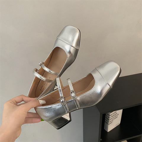 Sonicelife 2024 Spring Leather  Straps Square Head Thick Heel Mary Jane Shoes Women's Low Heel Follow-up Shoes Womens Shoes High Heels