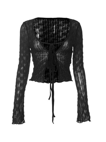 Sonicelife-Perspective Mesh Lace Up Long Sleeve Blouse