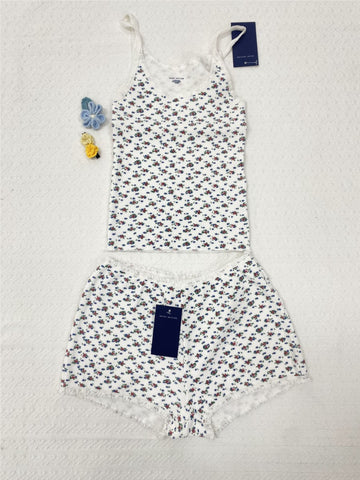 Sonicelife New Floral Lace Trim Waffle Vest Shorts Pajama Set Slim Camis +Elastic Straight Short Pant Sweet Cute Home 2 Piece Sets Y2K
