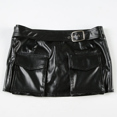 Sonicelife Cool and handsome metal buckle short PU leather skirts for women sexy and tight fit low waist harajuku hip hugging y2k skirt