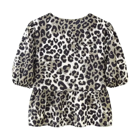 Sonicelife Leopard Shirt Summer Crop Top Puff Sleeve Blouse With Lace-up Closing New Women's Clothing