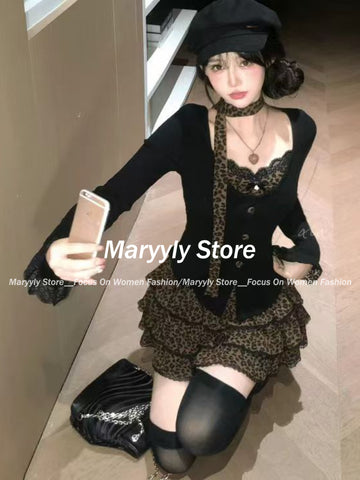 Sonicelife Autumn Winter Vintage Leopard Print Women Outfits Sexy Bow Fake Two Piece Tops + Lace Mini Cake Skirt 2 Piece Set Y2k Clothjing