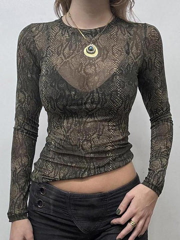 Sonicelife Sheer Snake Print Mesh Long Sleeve Top