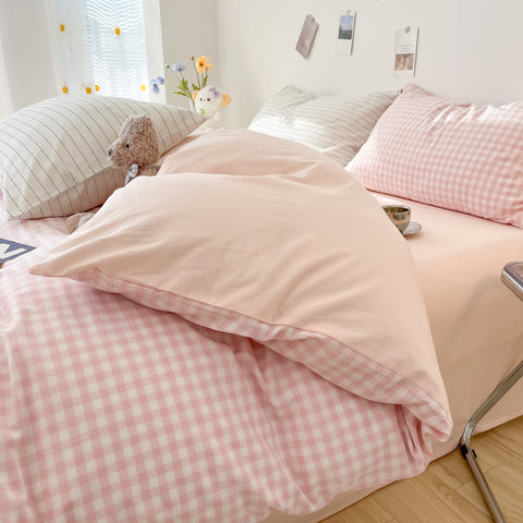 Sonicelife 2024 New Bedding Set Ins Nordic Style Pink Grid Washed Cotton 4 pcs Bed Sheet Set For Girls Duvet Cover and Pillowcase