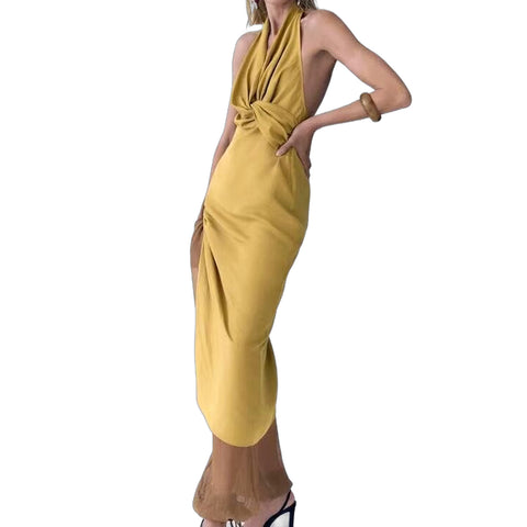 Sonicelife Women's Halter Neck Dress with exposed Back Fashionable and Sexy Pleated knot Decoration Versatile Commuting Temperament New