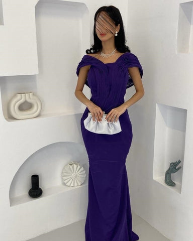 Sonicelife Customized Exquisite Formal Jersey Pleat Ruched Draped Straight Off-the-shoulder Long Dresses Bespoke Occasion Dresses Fashion (PRE-ORDER)