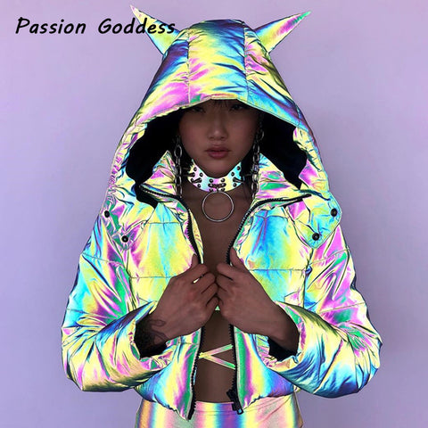 Sonicelife Fashion Women Winter Reflective Parkas Down Outcoats Thick Oversized Cool Luminous Hooded Jackets Coats Chaquetas Mujer Invierno