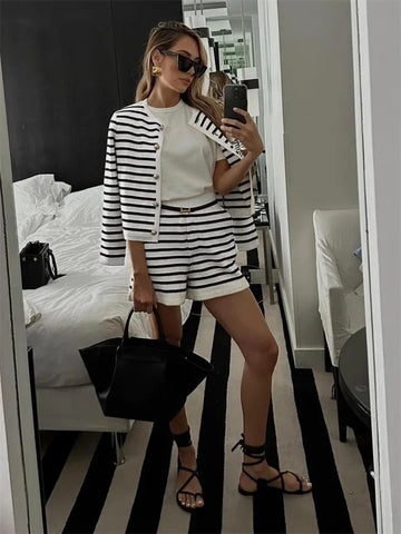 christmas outfit Sonicelife Autumn Black and White Striped Shorts Set Women Fashion Striped Sweater Cardigan and High Waist Sets Casual Outfit