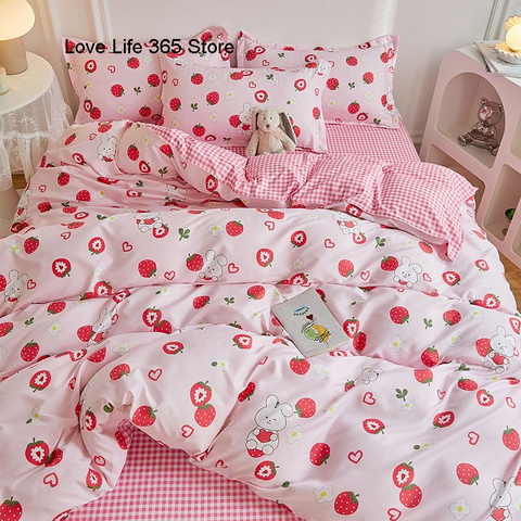Sonicelife Garden Flowers And Cute Rabbit Pattern Duvet Cover Nordic Style Full Size Bedding Sets Queen Double For Girls Gift Pink