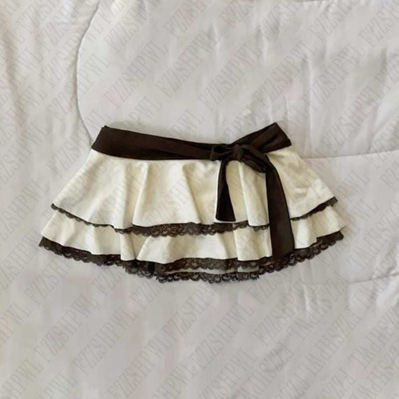 Sonicelife Bow contrast skirt lace sweet casual versatile Y2K fairy tale style Harajuku millennial rock aesthetic street hop women's bottom