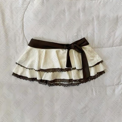 Sonicelife Bow contrast skirt lace sweet casual versatile Y2K fairy tale style Harajuku millennial rock aesthetic street hop women's bottom