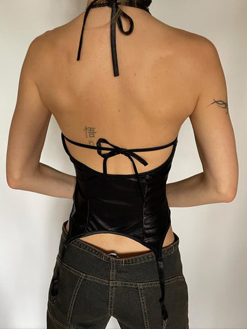Sonicelife Harajuku Cyber Punk Pu Camis Women Dark Gothic Streetwear Grungen Emo Alt Backless Rivets Halter Crop Tank Tops Female