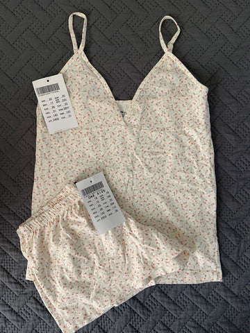 Sonicelife Pink Floral Cotton Tank Shorts Set Women New Cute Casual V-neck Crop Top+Straight Sweatshorts Sweet Home Pajama 2 Piece Sets Y2K