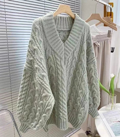 Black Friday Sonicelife Lantern Sleeve Knit Sweater Women Korean Solid Twist V-Neck Fall Winter Warm Pullover Fashion Loose Casual Pretty Style Jumpers